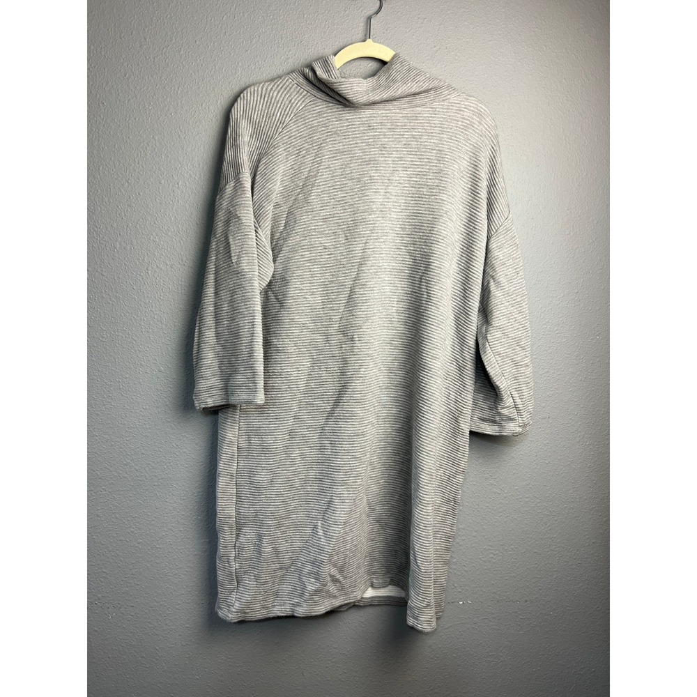 Loft Lou & Grey Striped Ribbed Funnel Neck Dress Gray 3/4 Sleeve LG Comfy Cozy